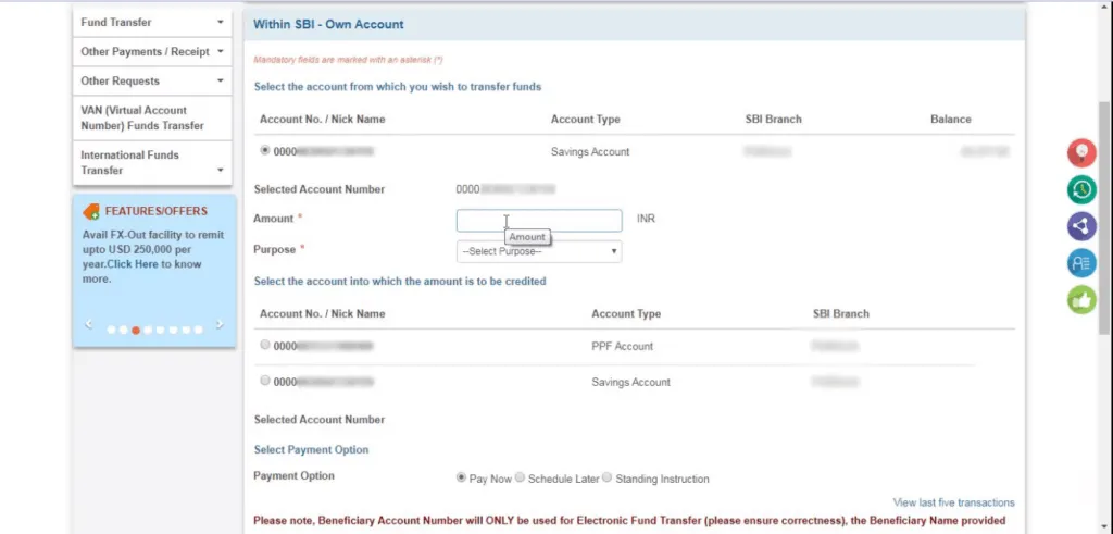 SBI dashboard fund transfer