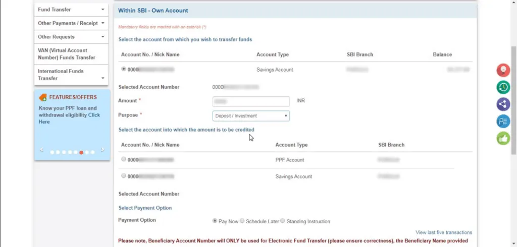 SBI dashboard purpose of transfer