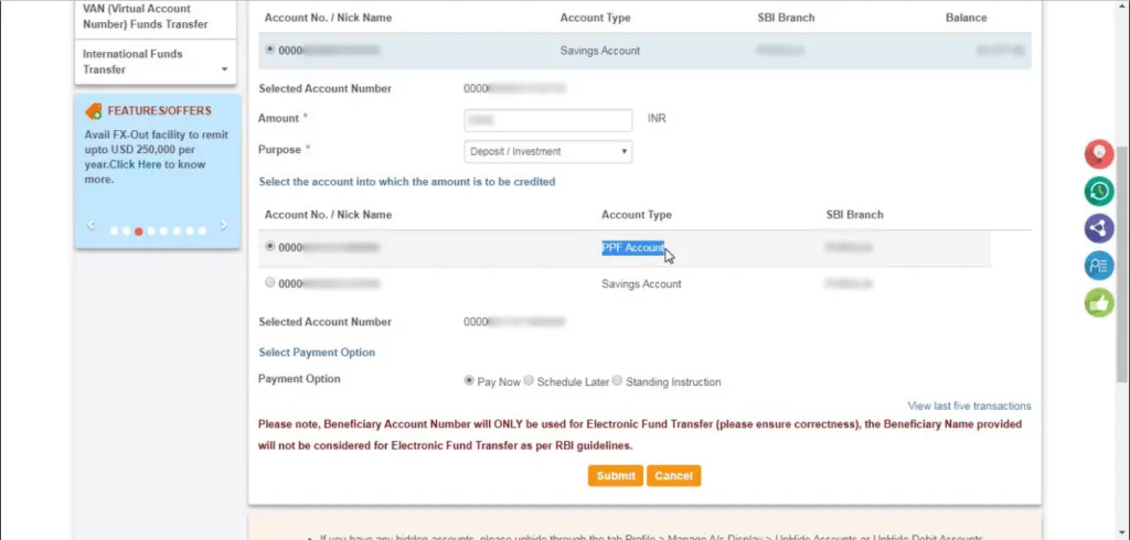 Fund transfer SBI dashboard Account type