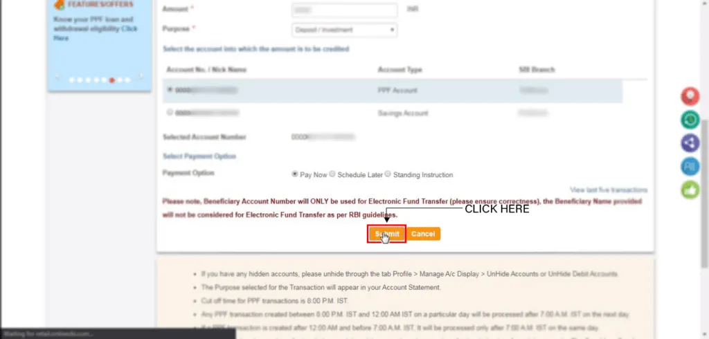 Funds transfer SBI dashboard submit button