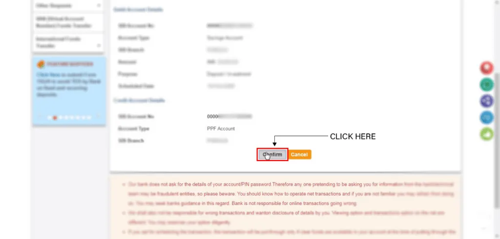 Confirm funds transfer SBI dashboard