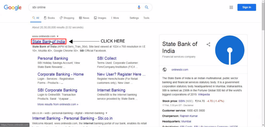 State bank of India website on google search