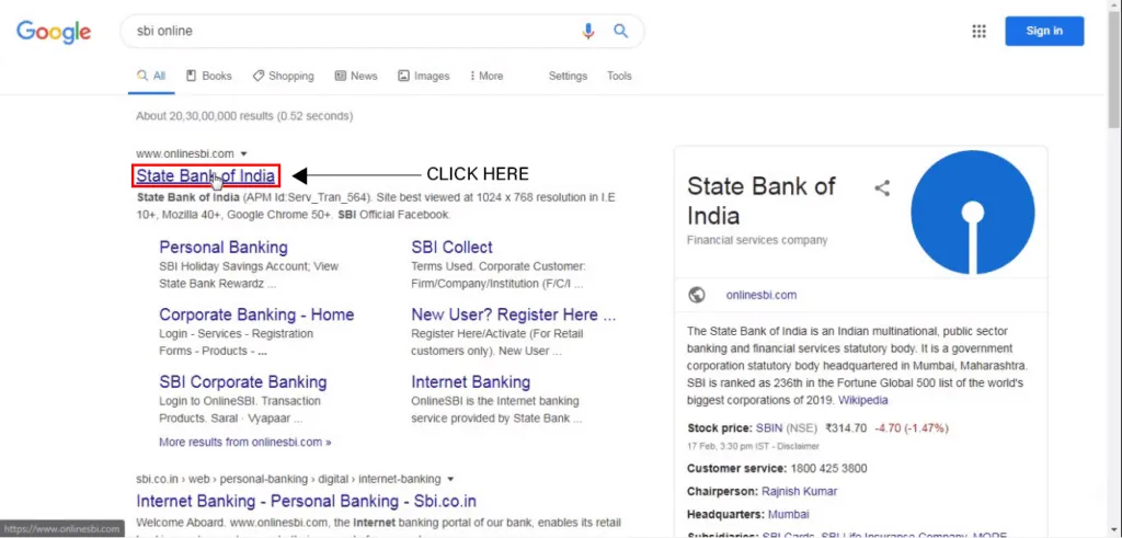 State bank of India website on google search