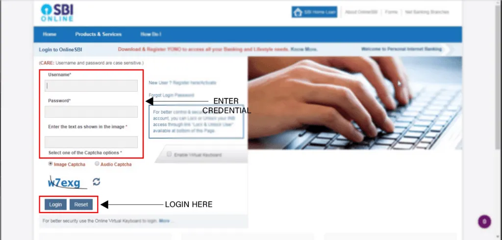 Login details in onlinesbi website