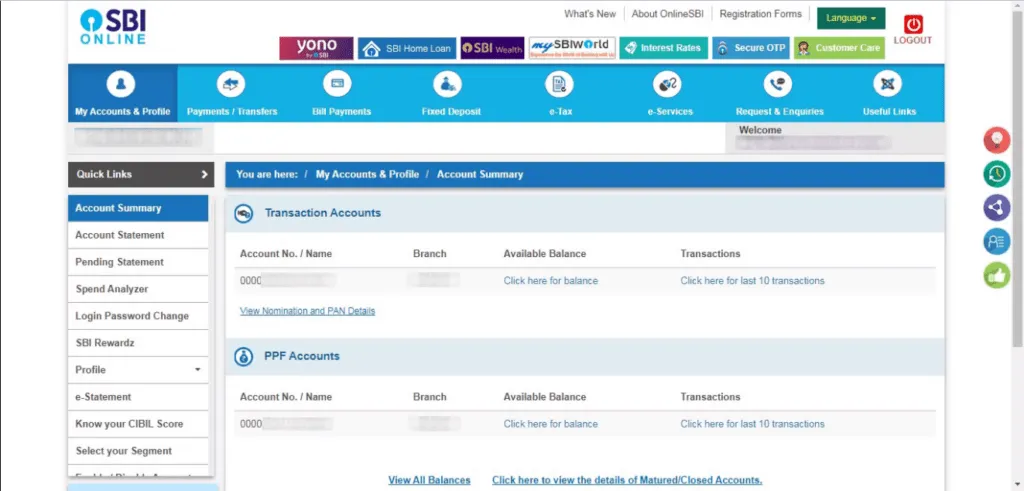 SBI net-banking dashboard