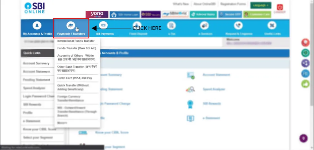 SBI website payments/Transfers option