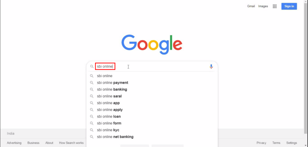 google search of sbi online