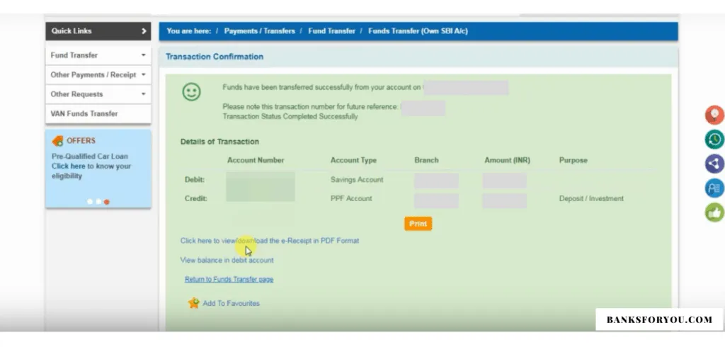 SBI dashboard funds transferred successfully to ppf account