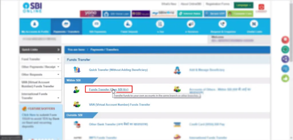 SBI dashboard Fund transfer page