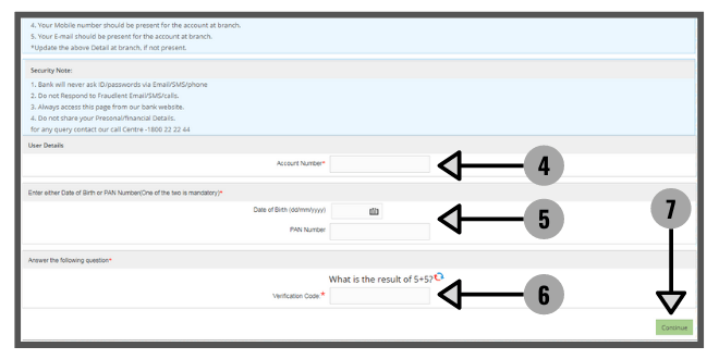 pic showing the page to enter acc no., date of birth or PAN and Verification code answer of the question