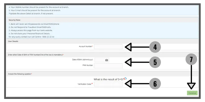 pic showing the page to enter acc no., date of birth or PAN and Verification code answer of the question