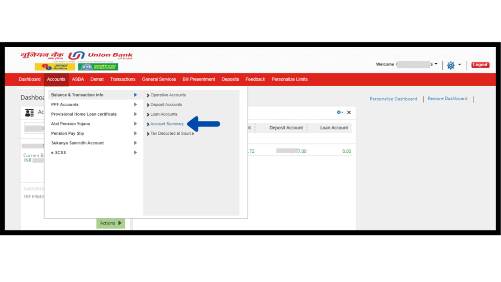 Union bank balance dashboard select account then balance and transaction info lastly Account summary