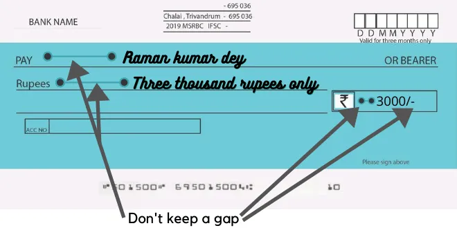 Gapping in cheque while writing