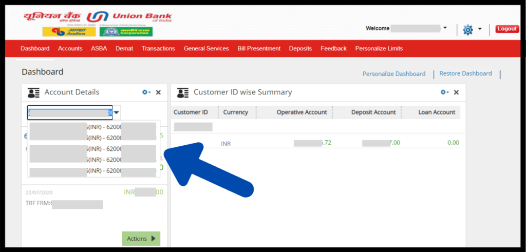 different linked accounts can be selected and account balance can be checked