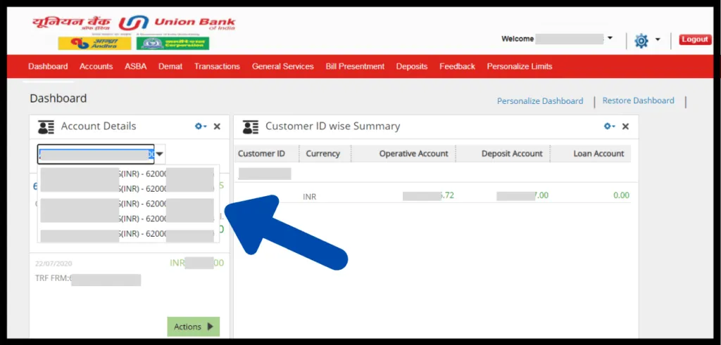 different linked accounts can be selected and account balance can be checked