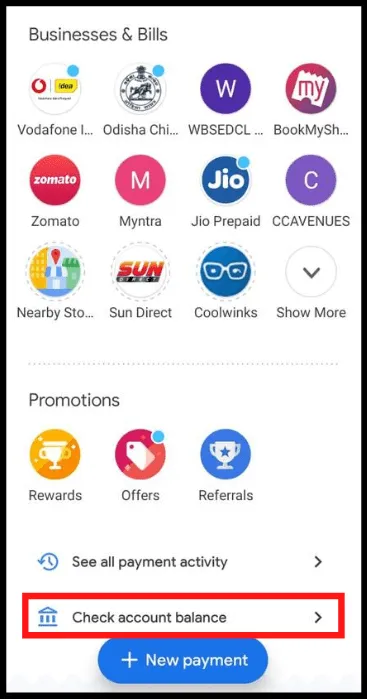 check bank balance using googlepay by tapping the option Check account balance