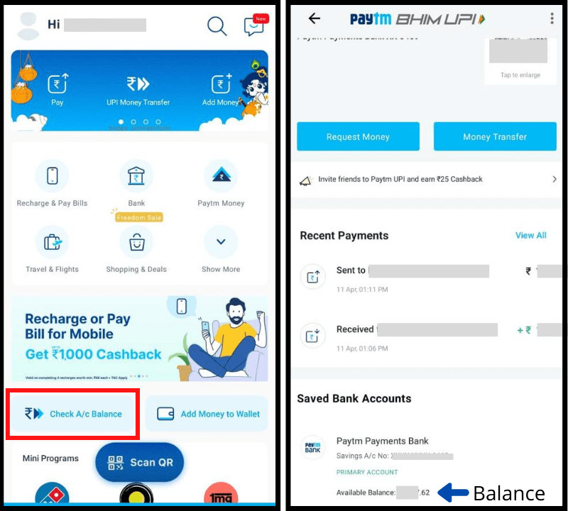 how to check bank account balance in paytm
