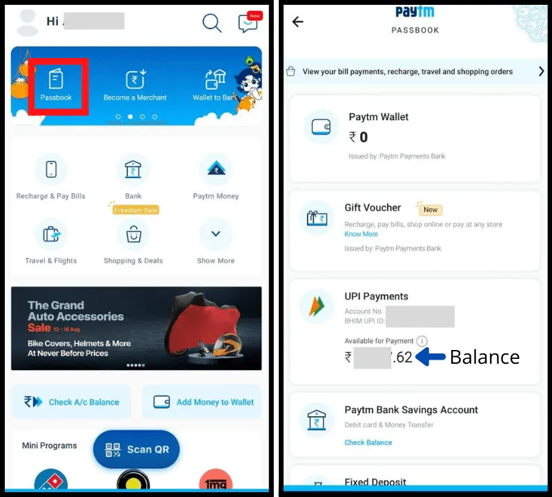 how to check account balance in paytm using passbook option