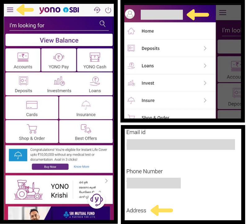 process to check address in SBI's YONO app