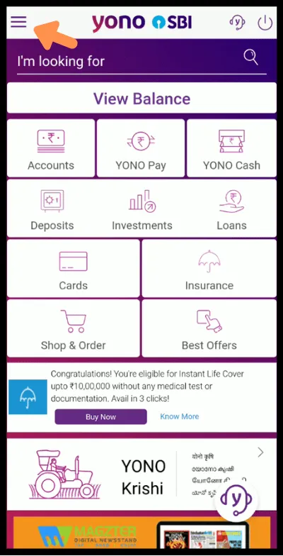 YONO app's dashboard