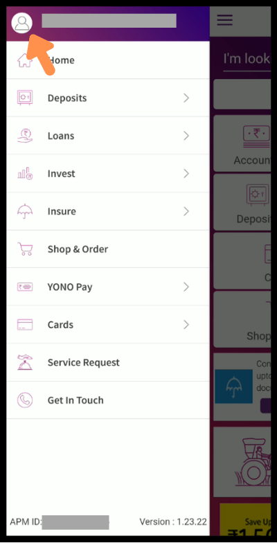 YONO app click on profile icon