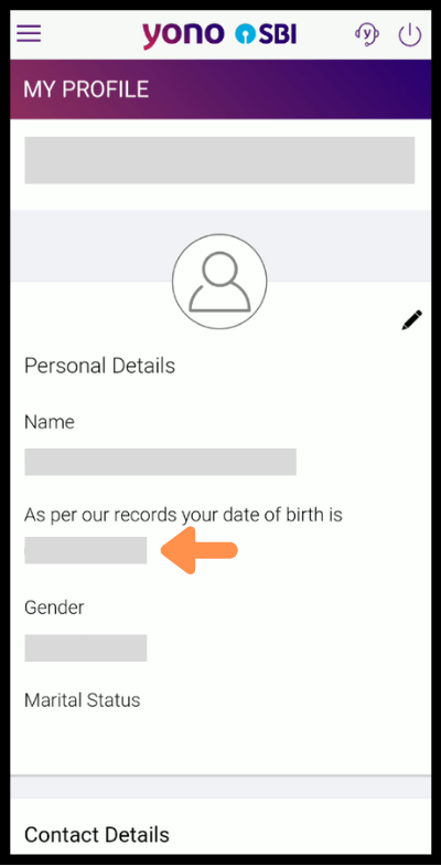 MY PROFILE section of the YONO app showing personal details 