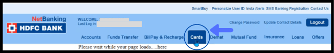 Hover over to Cards in HDFC netbanking