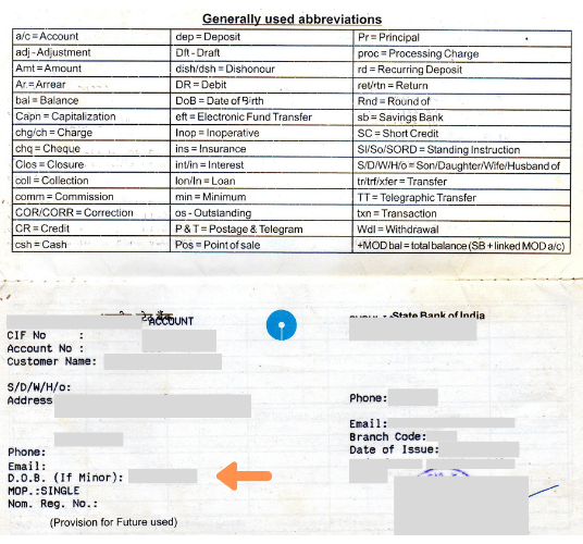 SBI bank's passbook showing the DOB section