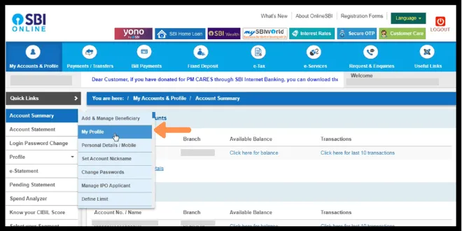 sbi netbanking dashboard