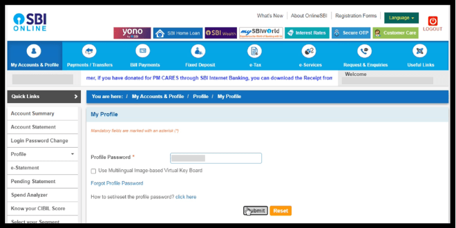 sbi netbanking asking for profile password to enter the profile section