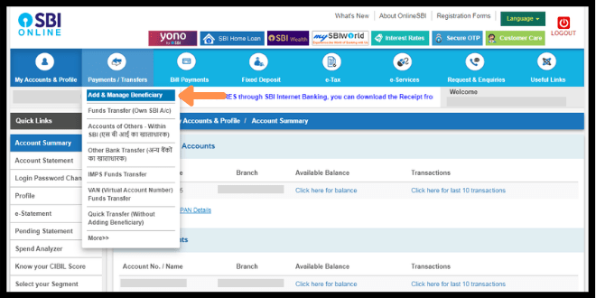 SBI add beneficiary account -Payments/Transfers > Add & Manage Beneficiary