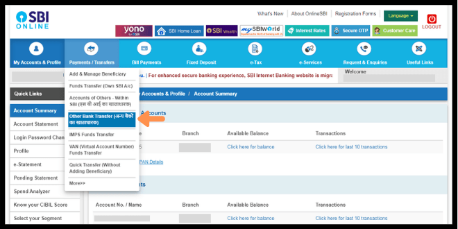 SBI transfer money to other banks(UBI) Payments/Transfers > Other Bank Transfer