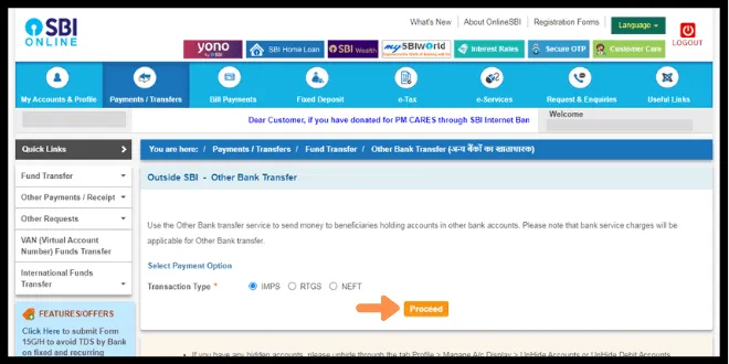 SBI transfer using IMPS or RTGS or NEFT