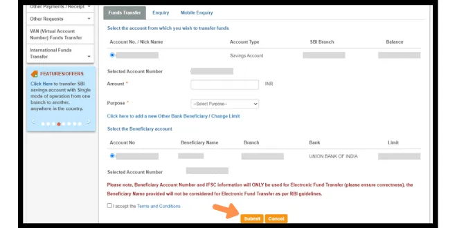 Now fill all the details and submit to transfer the money to other bank's beneficiary's account.