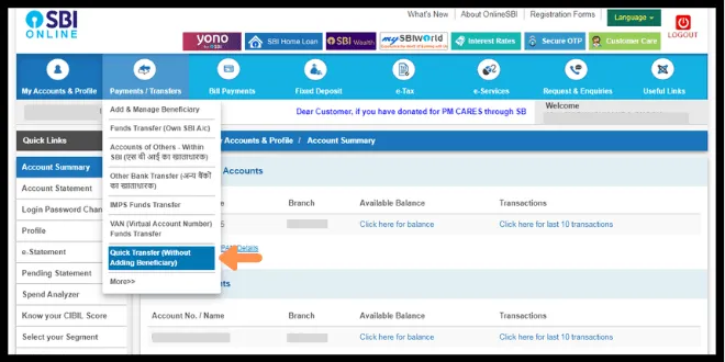 SBI Quick transfer Payments/Transfers > Quick Transfer (Without Adding Beneficiary)