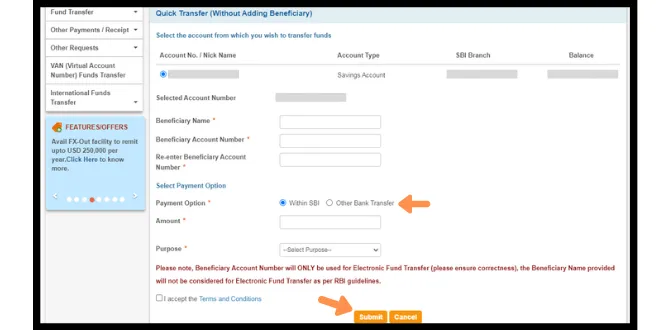 SBI Quick transfer fill the details and submit