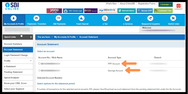 SBI website list of account type