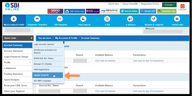 SBI's dashboard Account Summary > Update Email ID