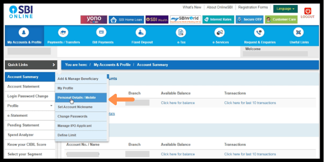 Look for Profile > Personal Details / Mobile in SBI's Website.