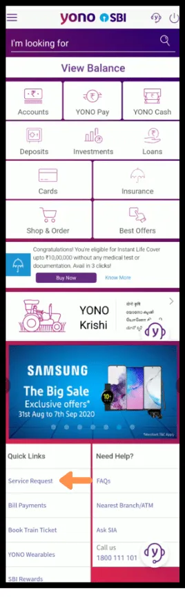 YONO Apps main Dashboard