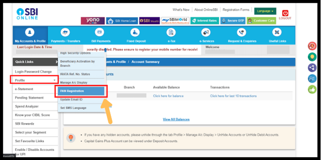 SBI Online dashboard