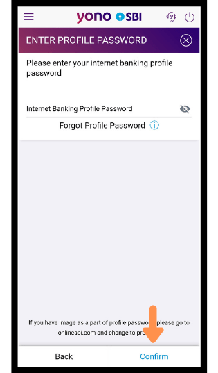 YONO profile section entering, password