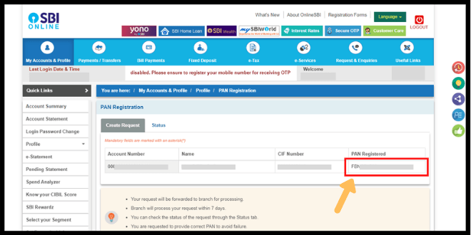 sbi online pan