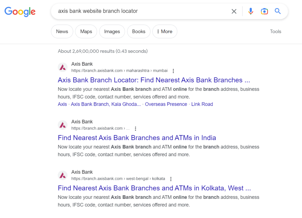 Searching "Axis Bank website branch locator" on google 