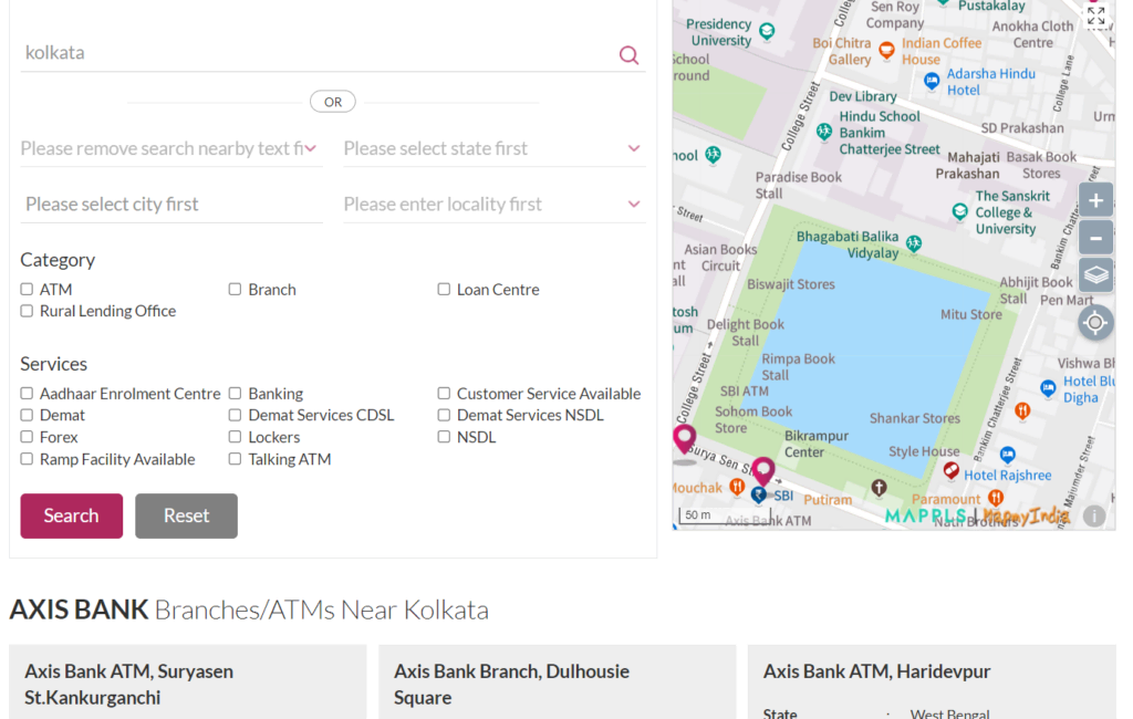 Axis Bank website branch locator