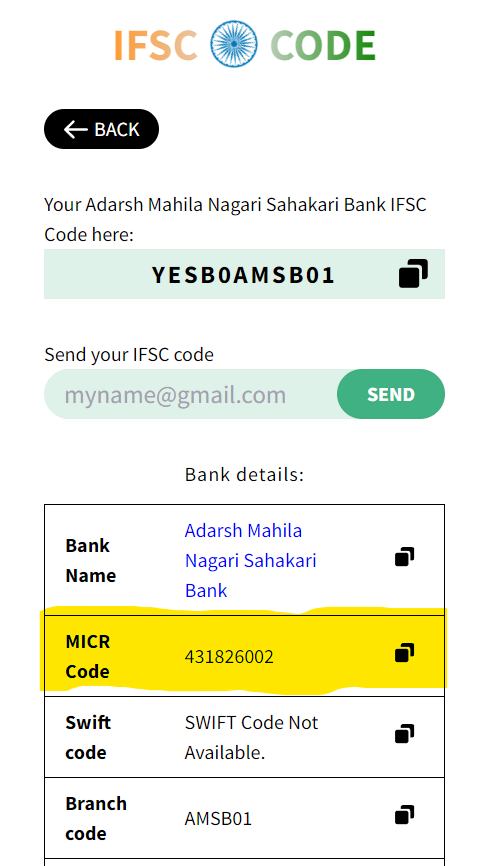 Banksforyou Tools showing MICR Code of Adarash Mahila Nagari Sahakari Bank IFSC Code