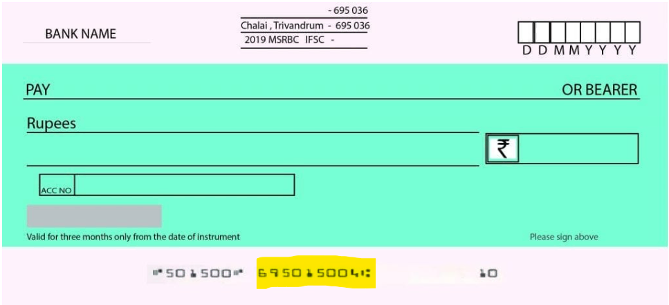 Cheque illustration showing MICR Code on the bottom of the cheque