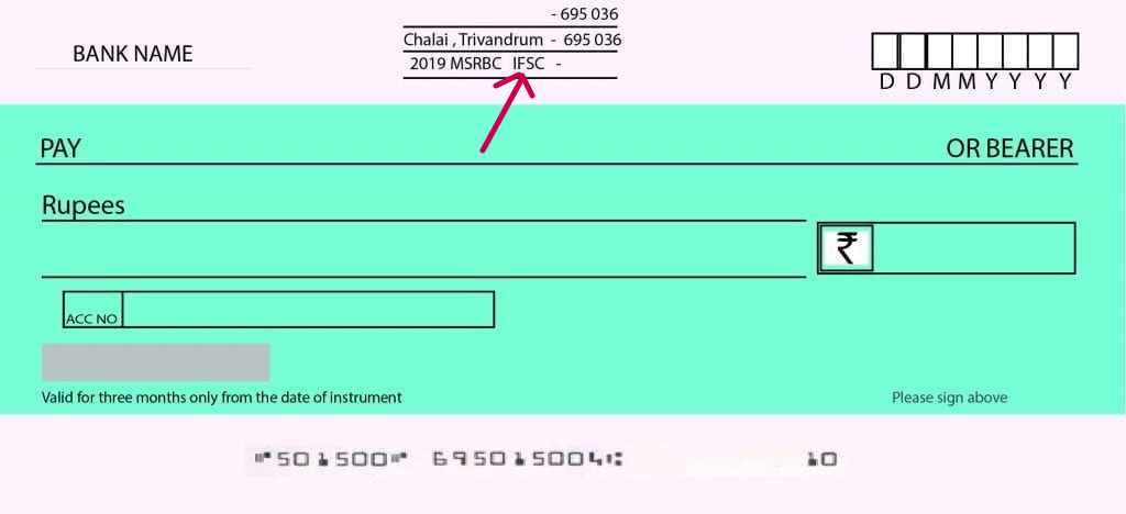 Cheque illustration showing IFSC Code on top.