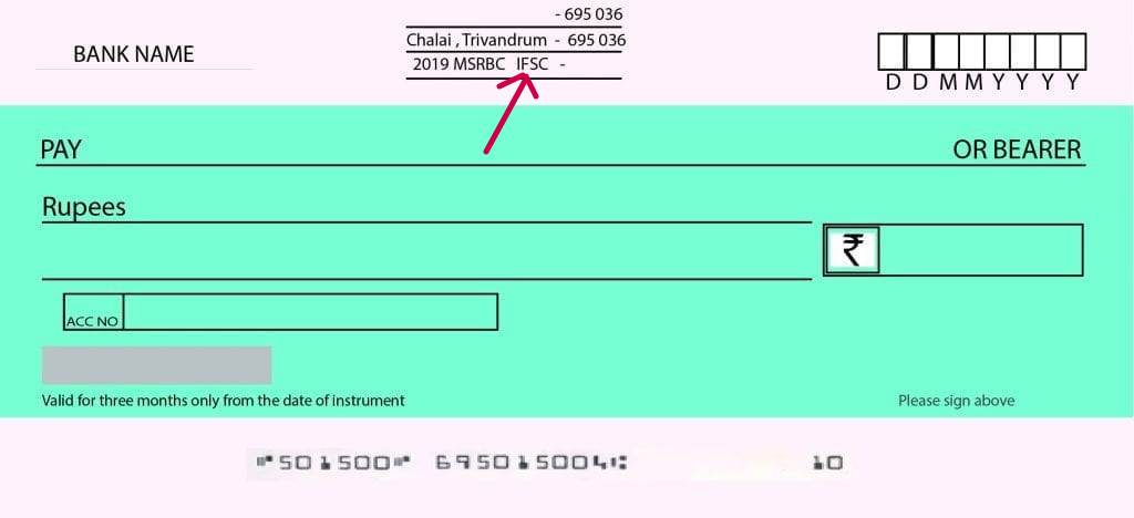 Cheque illustration showing IFSC Code on top.